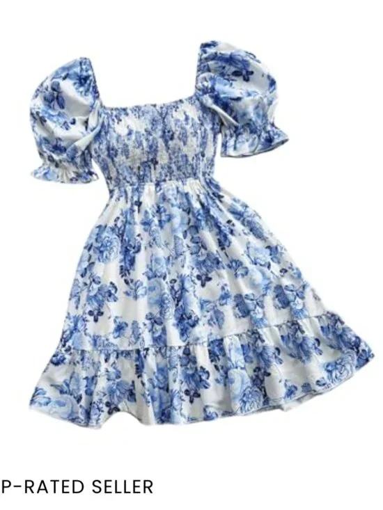 Floral Bowknot Back A-Line Dress Square Neck Puff Sleeve Smocked Vacation - Picture 5 of 5